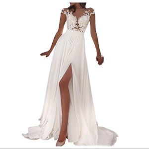 LACE SHEER CHIFFON LONG HIGH LINE SPLIT DRESS
